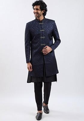 Navy Blue Embroidered Jacquard Indowestern Sherwani Set For Men