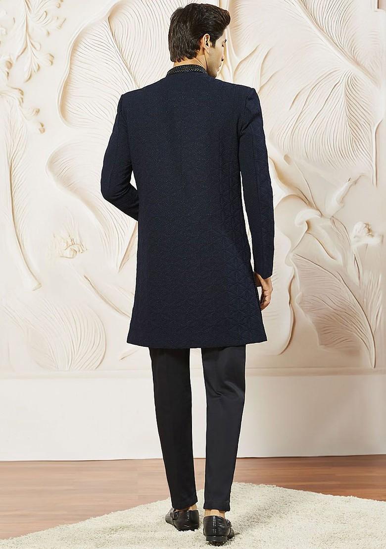 Navy Blue Embroidered Poly Blend Indowestern Sherwani Set For Men