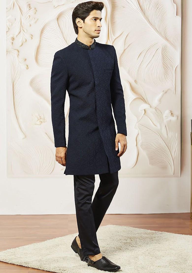 Navy Blue Embroidered Poly Blend Indowestern Sherwani Set For Men