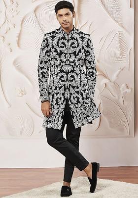 Black Embroidered Poly Blend Indowestern Sherwani Set For Men