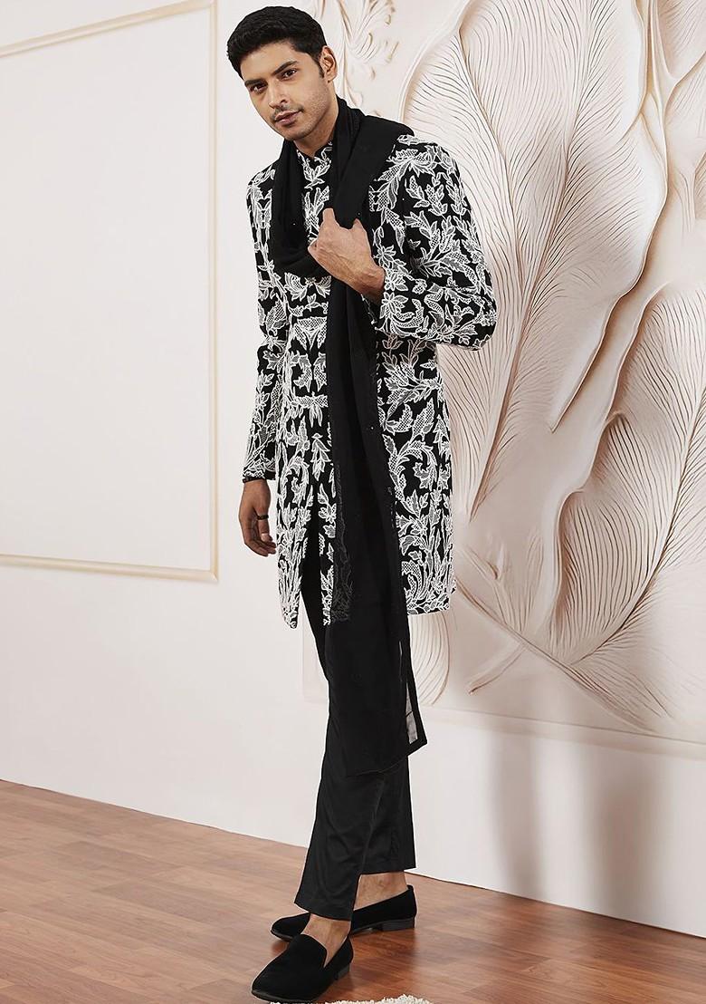 Black Embroidered Poly Blend Indowestern Sherwani Set For Men