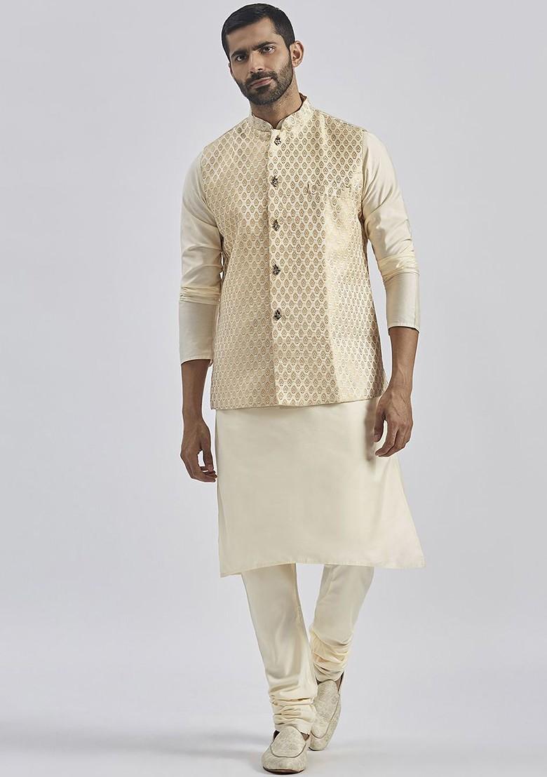 Cream Solid Jacquard Kurta Set For Men