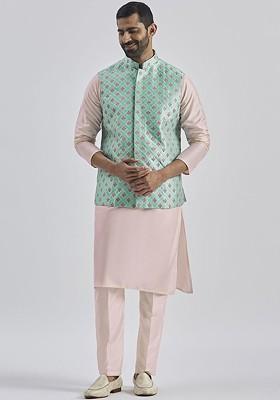 Pink Embroidered Poly Blend Kurta Set For Men