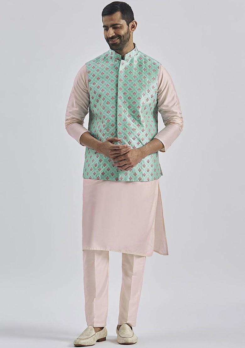 Pink Embroidered Poly Blend Kurta Set For Men