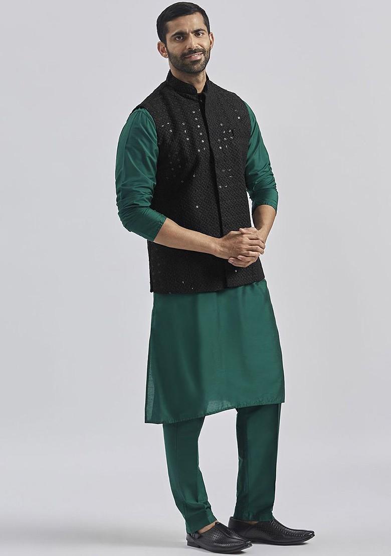 Green Embroidered Poly Blend Kurta Set For Men