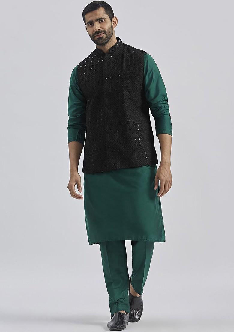 Green Embroidered Poly Blend Kurta Set For Men