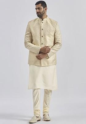 Cream Solid Jacquard Kurta Set For Men