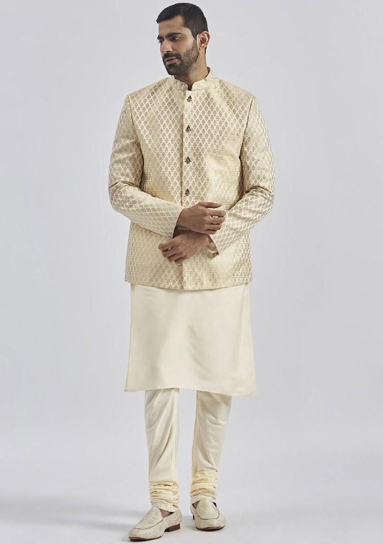 Cream Solid Jacquard Kurta Set For Men