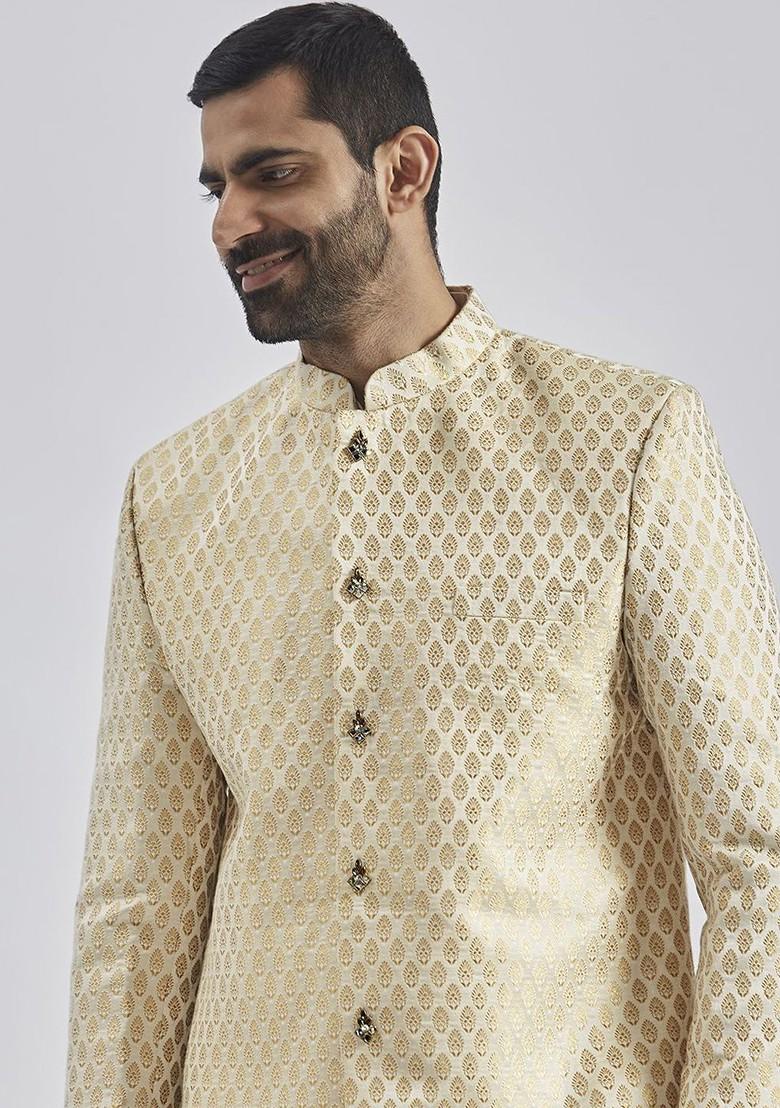 Cream Solid Jacquard Kurta Set For Men