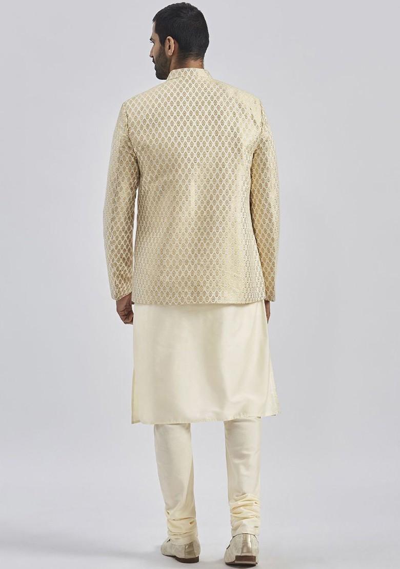 Cream Solid Jacquard Kurta Set For Men