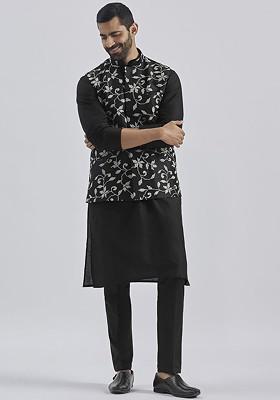 Black Embroidered Poly Blend Kurta Set For Men