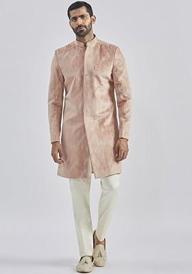 Peach Embroidered Poly Blend Indowestern Sherwani Set For Men