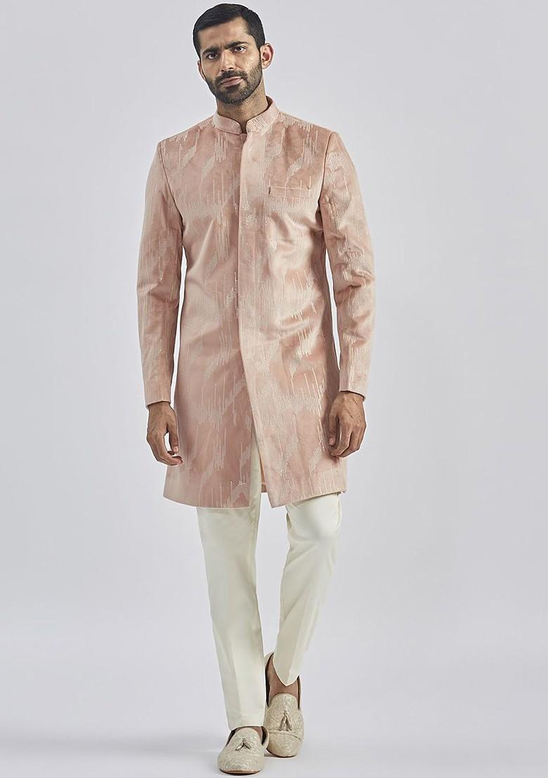 Peach Embroidered Poly Blend Indowestern Sherwani Set For Men