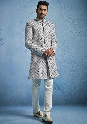Blue Embroidered Poly Blend Indowestern Sherwani Set For Men