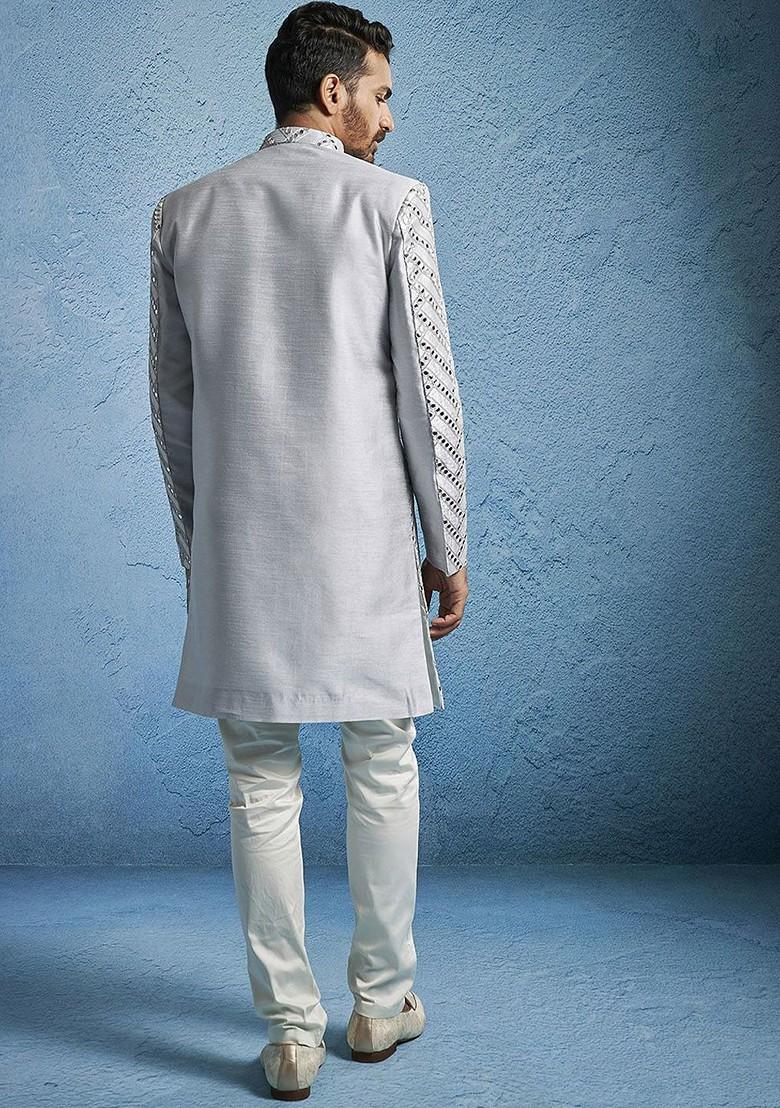 Blue Embroidered Poly Blend Indowestern Sherwani Set For Men