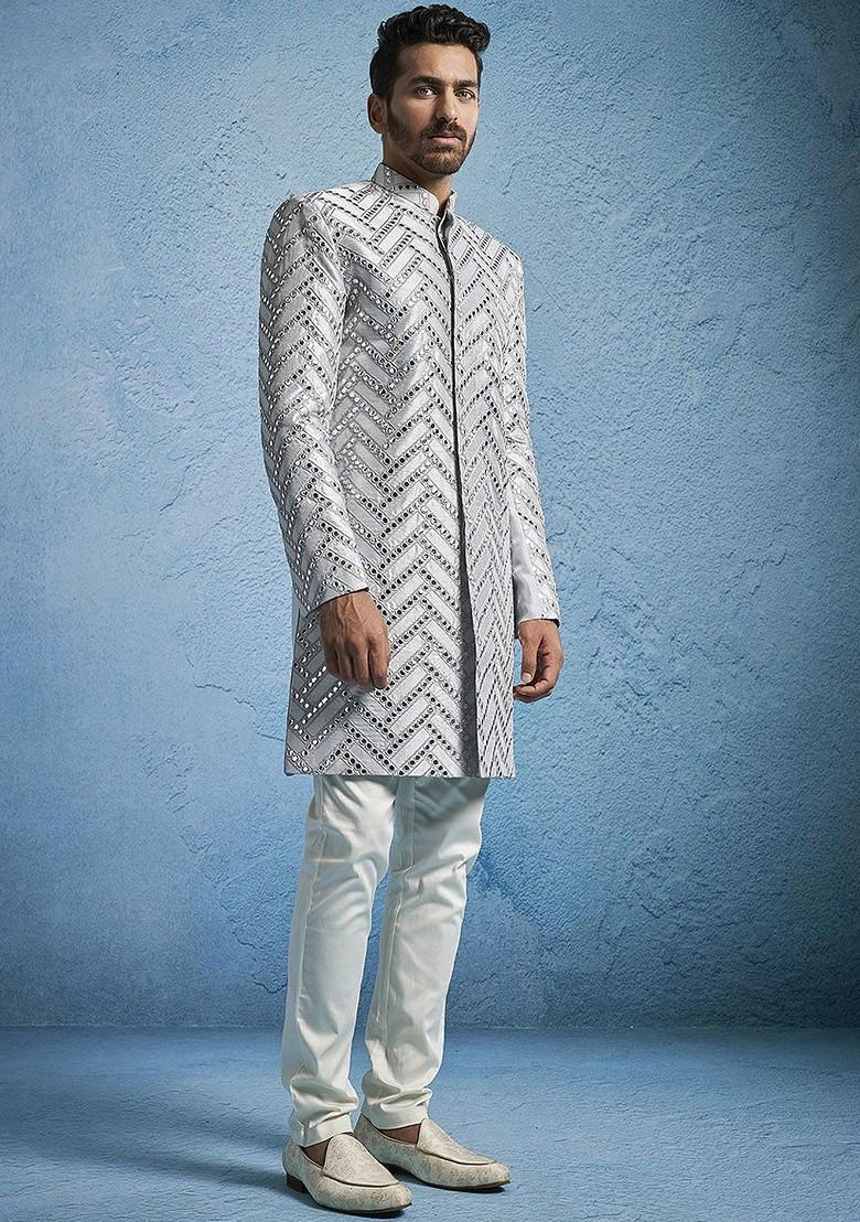 Blue Embroidered Poly Blend Indowestern Sherwani Set For Men