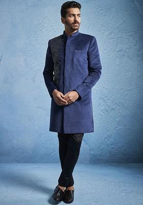 Navy Blue Embroidered Poly Blend Indowestern Sherwani Set For Men