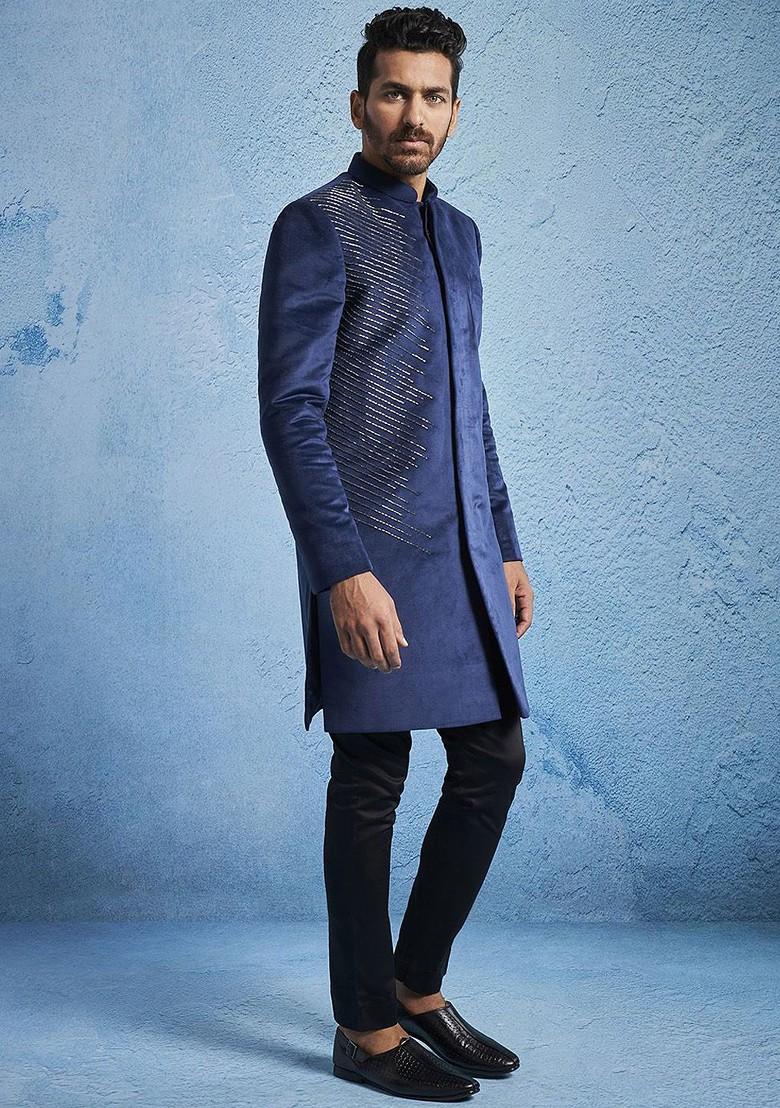 Navy Blue Embroidered Poly Blend Indowestern Sherwani Set For Men