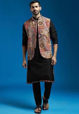 Black Thread Work Poly Blend Kurta Set For Men