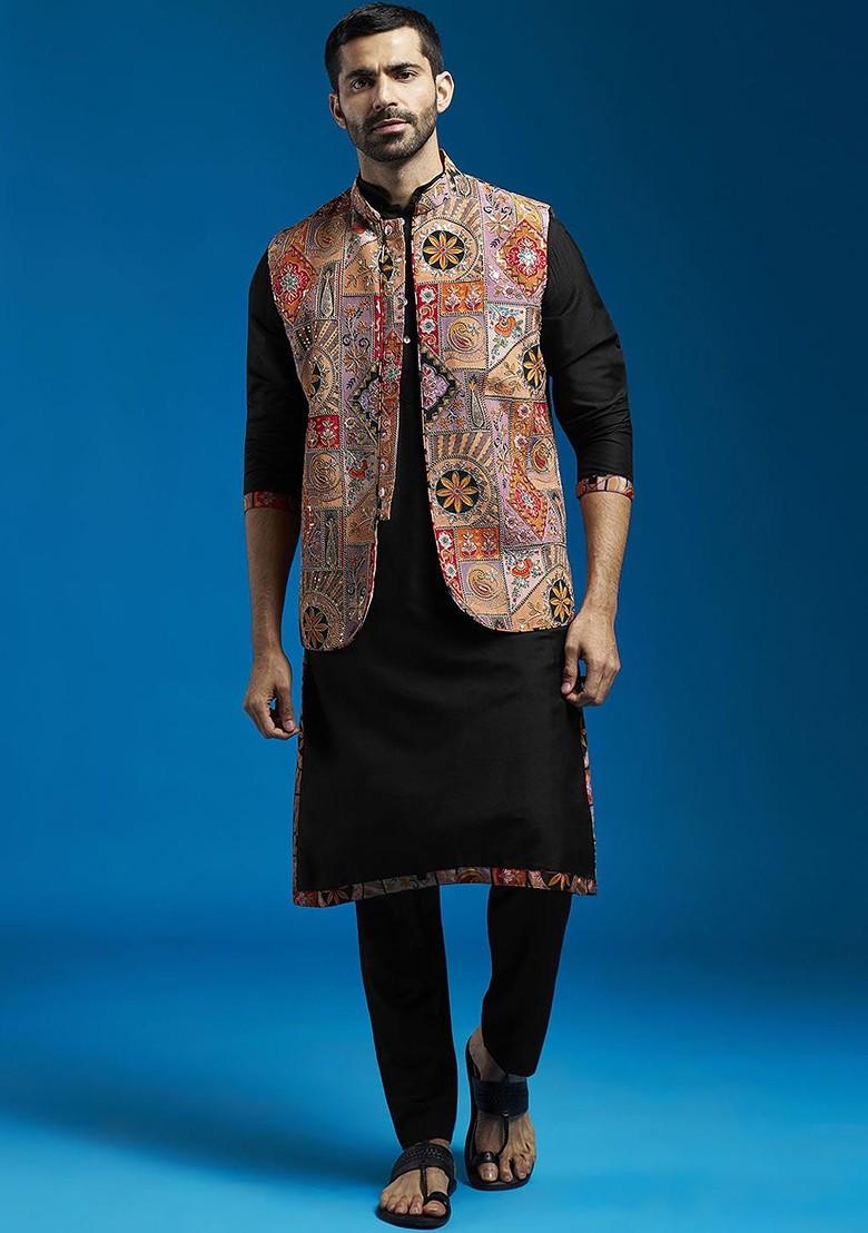 Black Thread Work Poly Blend Kurta Set For Men