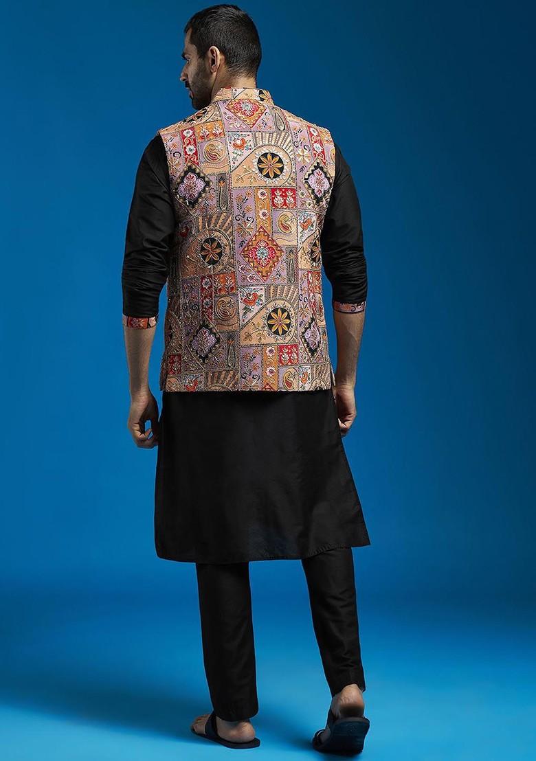Black Thread Work Poly Blend Kurta Set For Men