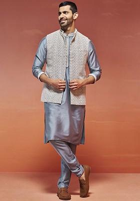 Grey Thread Work Poly Blend Kurta Set For Men
