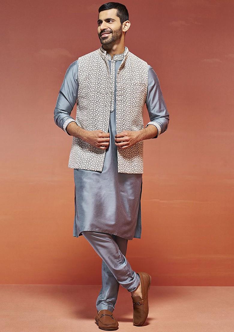 Grey Thread Work Poly Blend Kurta Set For Men