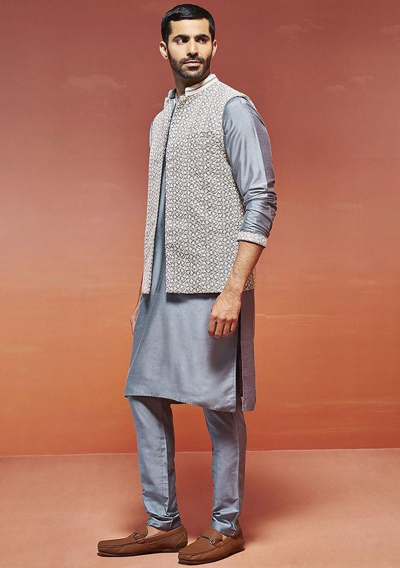Grey Thread Work Poly Blend Kurta Set For Men