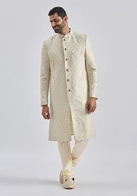 Gold Embroidered Poly Blend Indowestern Sherwani Set For Men