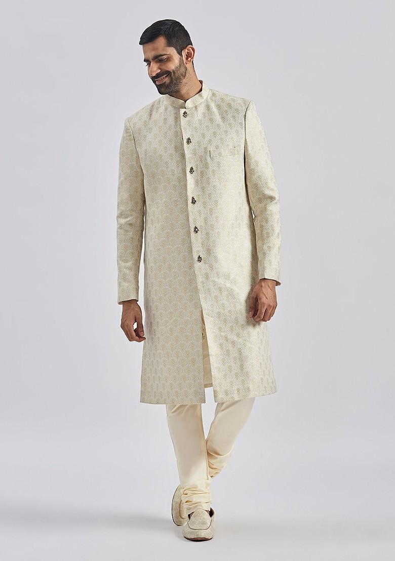 Gold Embroidered Poly Blend Indowestern Sherwani Set For Men