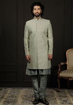 Green Printed Poly Blend Indowestern Sherwani Set For Men