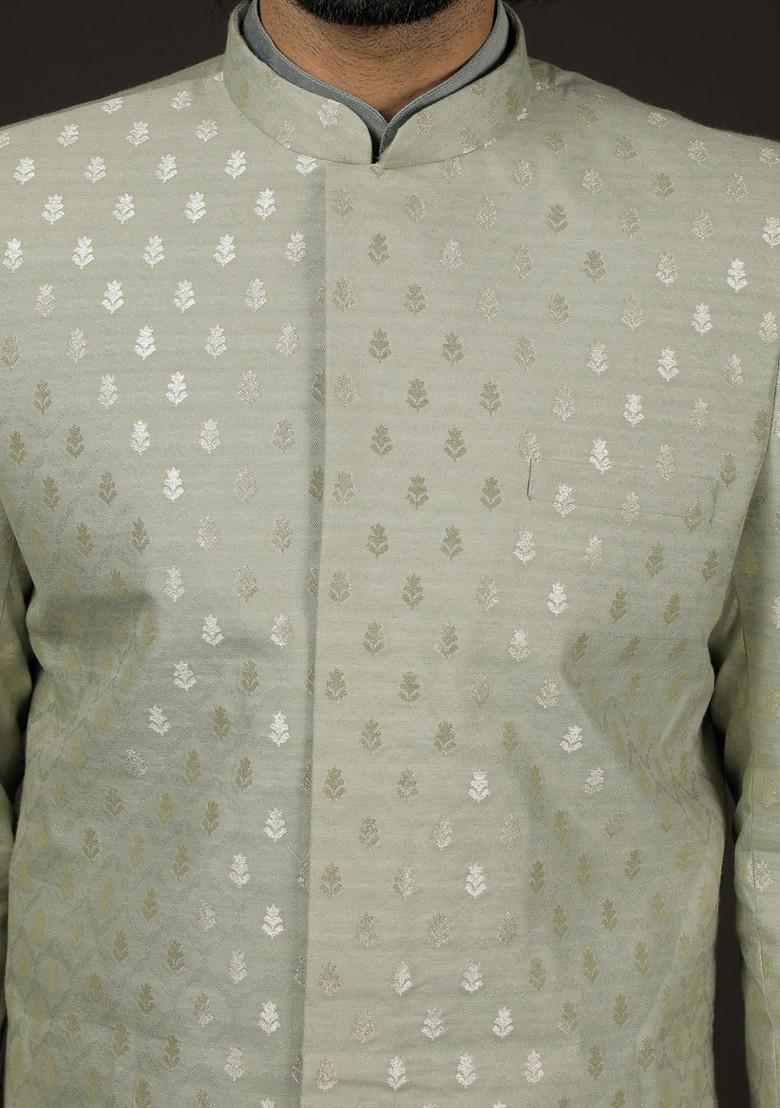 Green Printed Poly Blend Indowestern Sherwani Set For Men