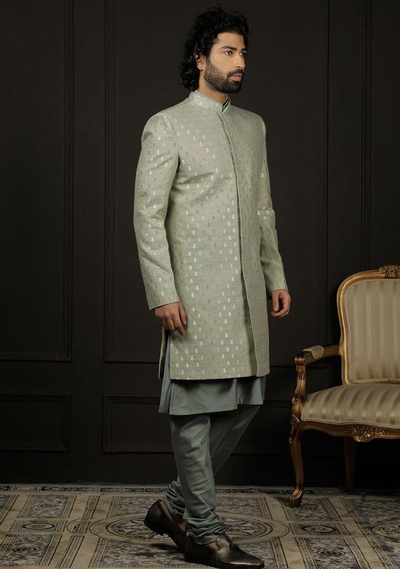 Green Printed Poly Blend Indowestern Sherwani Set For Men