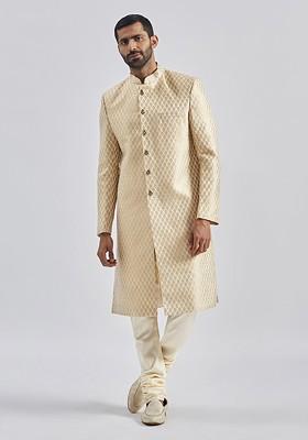 Gold Woven Poly Blend Indowestern Sherwani Set For Men