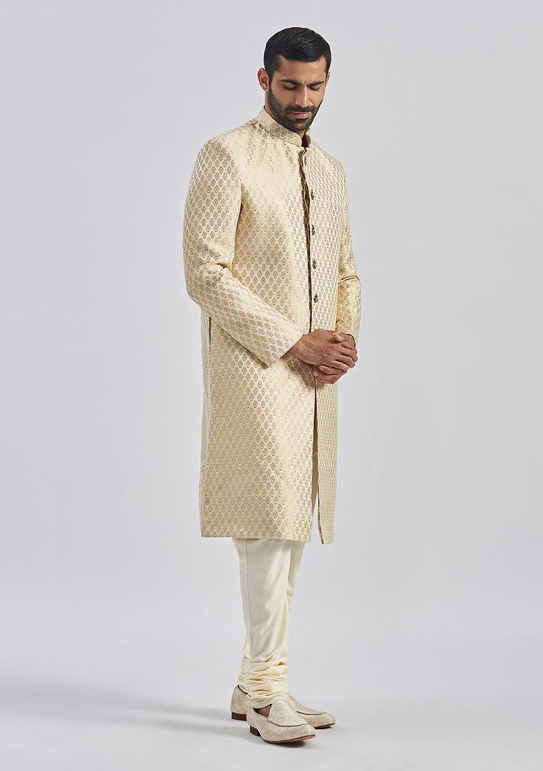 Gold Woven Poly Blend Indowestern Sherwani Set For Men