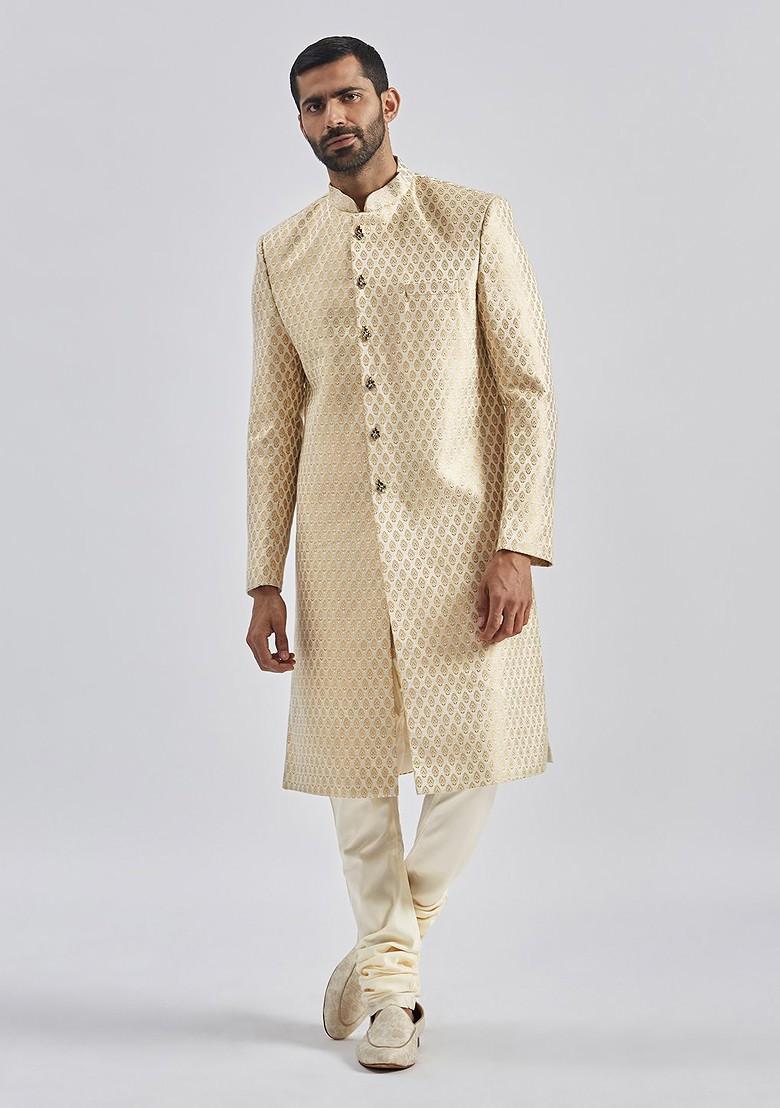 Gold Woven Poly Blend Indowestern Sherwani Set For Men
