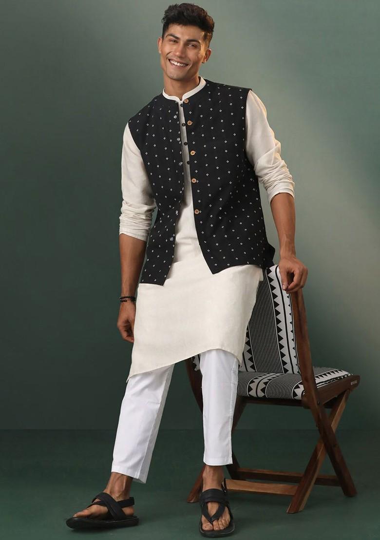 Black Ethnic Motifs Cotton Kurta Set For Men