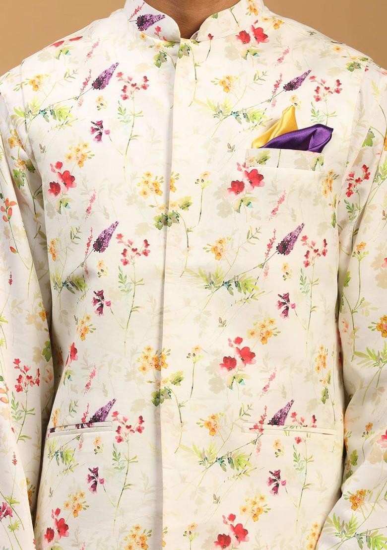 Cream Floral Print Poly Blend Kurta Set For Men