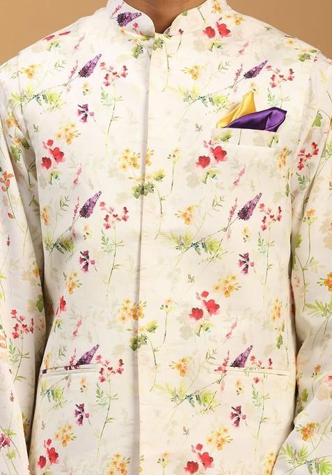 Cream Floral Print Poly Blend Kurta Set For Men