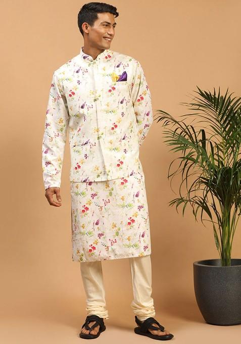 Cream Floral Print Poly Blend Kurta Set For Men