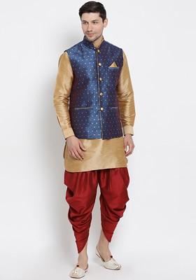 Rose Gold Solid Jacquard Kurta Set For Men