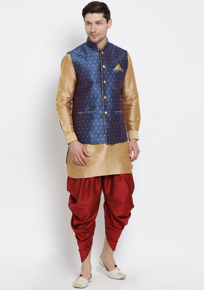 Rose Gold Solid Jacquard Kurta Set For Men
