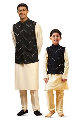 Cream Mirror Work Poly Blend Kurta Set For Men