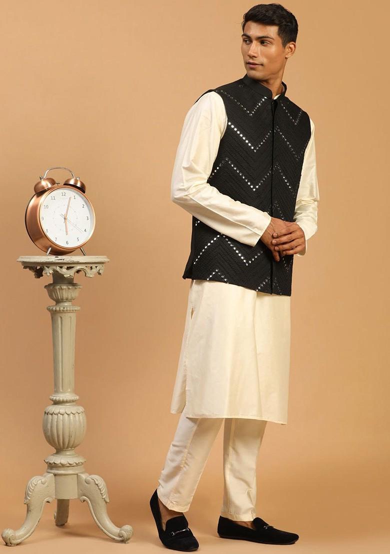 Cream Mirror Work Poly Blend Kurta Set For Men