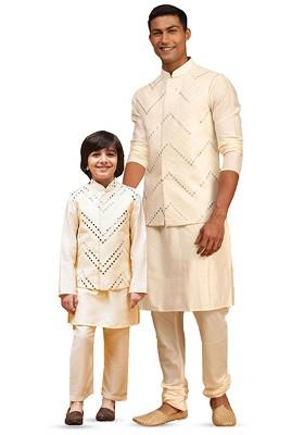Cream Mirror Work Jacquard Kurta Set For Men