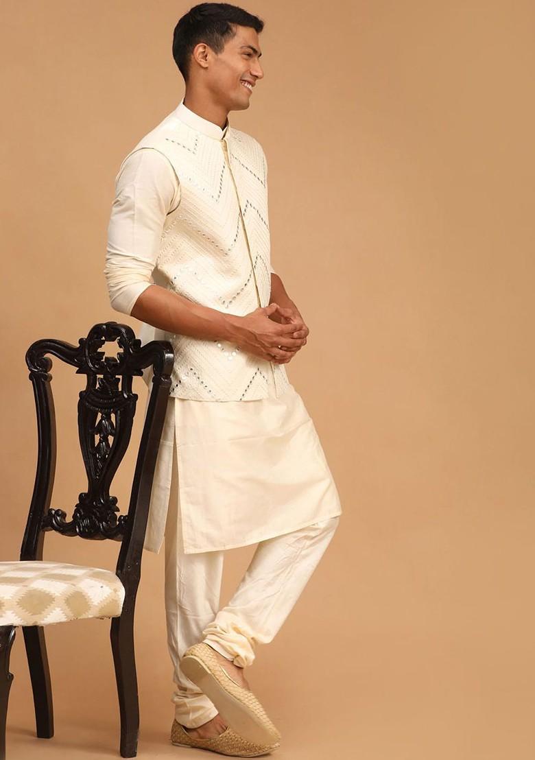 Cream Mirror Work Jacquard Kurta Set For Men