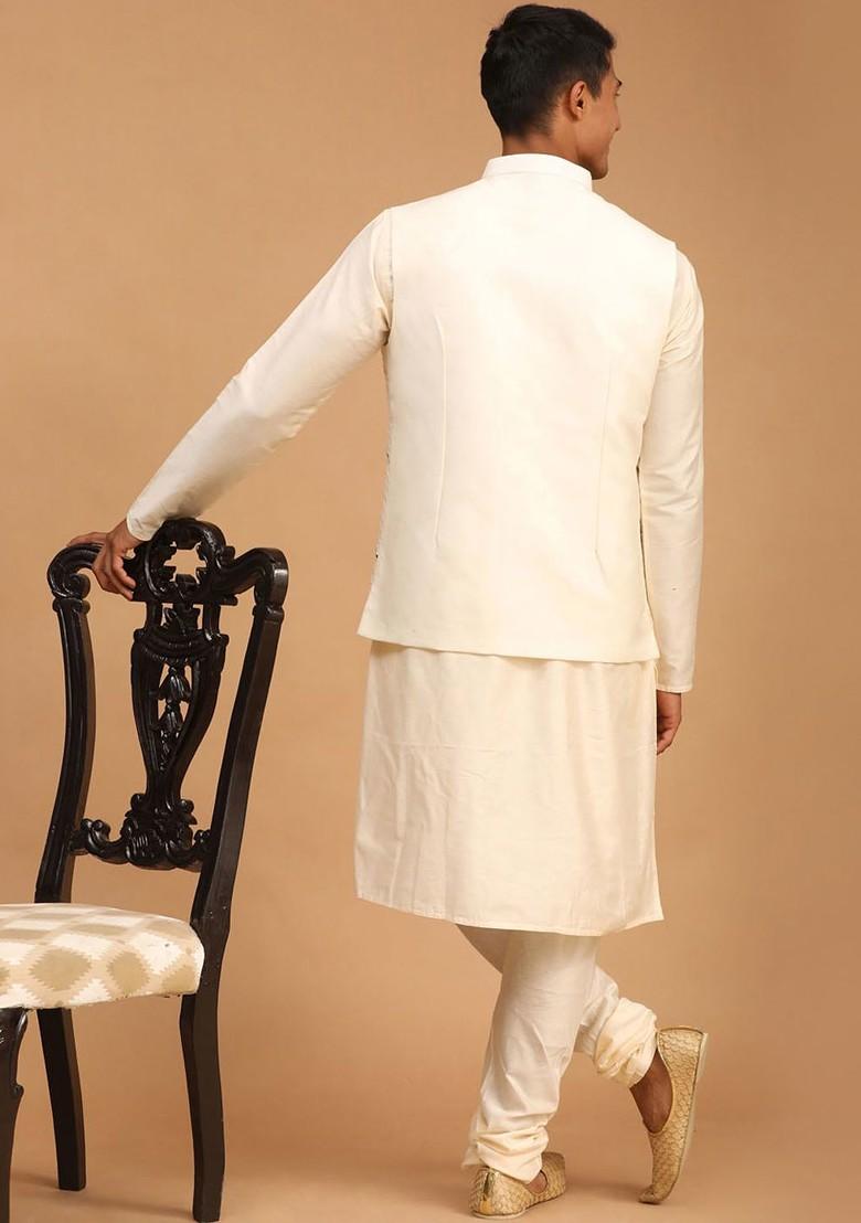 Cream Mirror Work Jacquard Kurta Set For Men