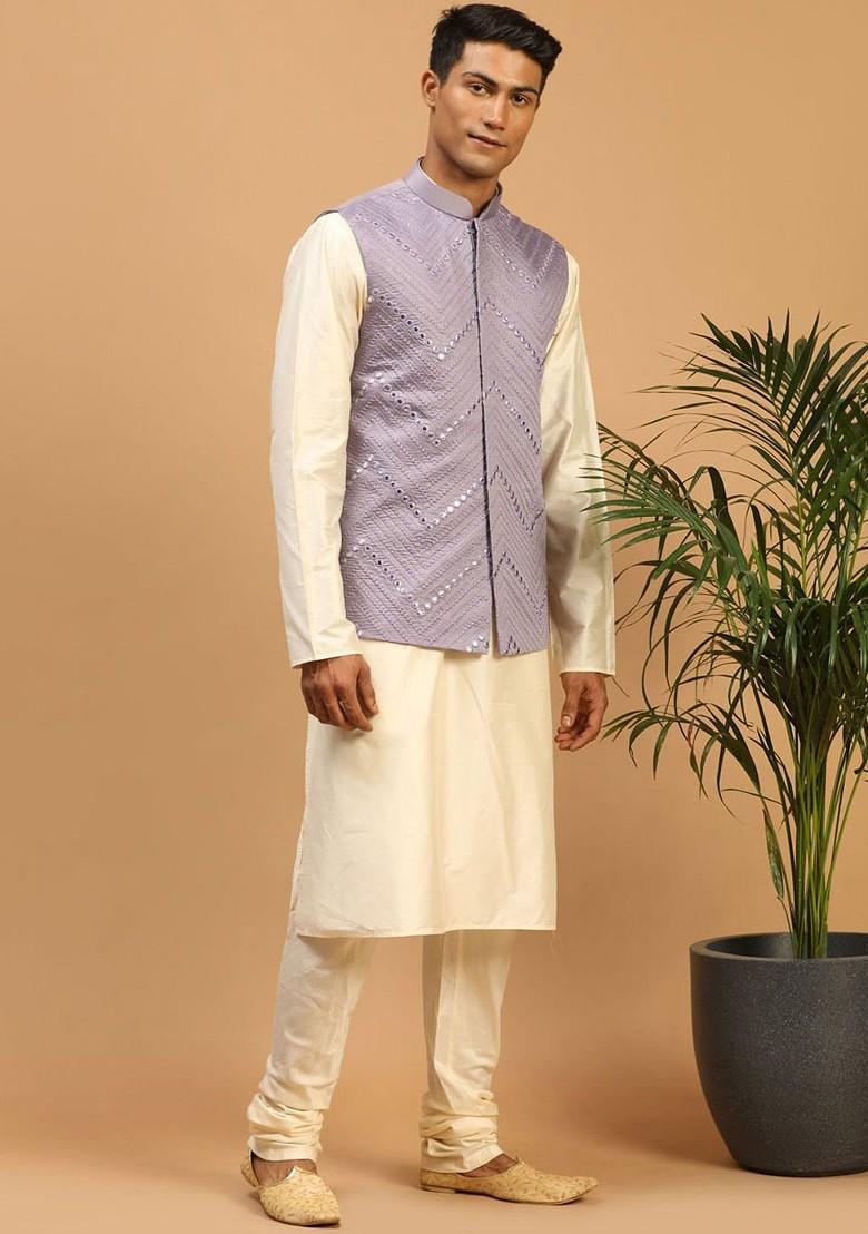 Cream Mirror Work Poly Blend Kurta Set For Men