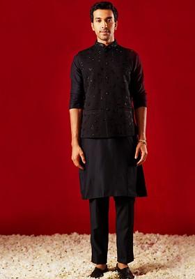 Black Sequin Work Poly Blend Kurta Set For Men