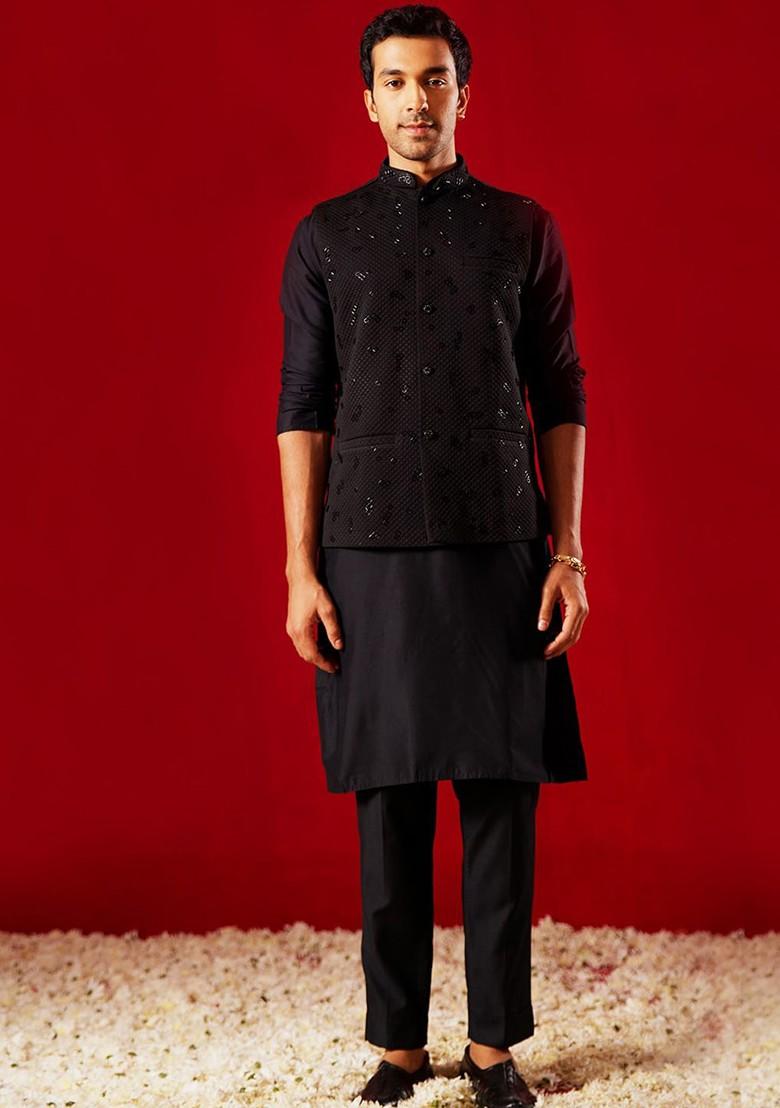 Black Sequin Work Poly Blend Kurta Set For Men